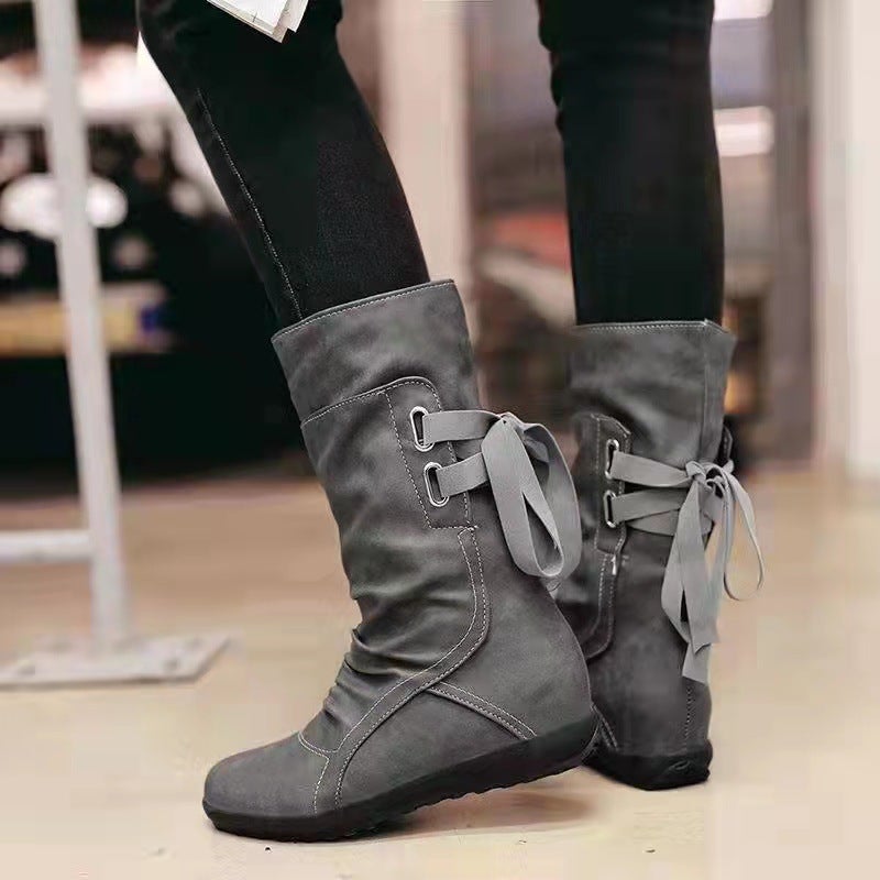 Women winter mid calf slouch back lace up flat boots