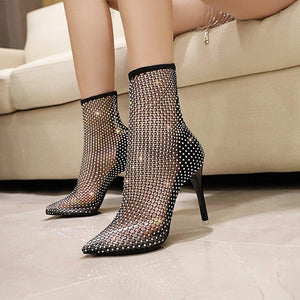 Women fishnet hollow pointed toe stiletto high heel sexy boots