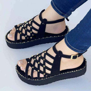 Women peep toe criss cross studded buckle strap platform sandals