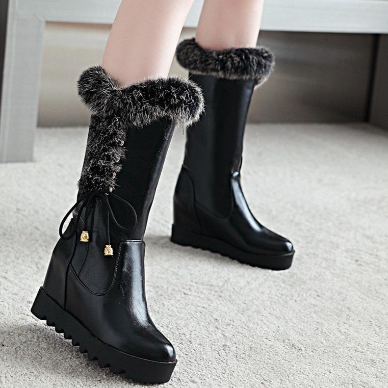 Women lace up faux fur chunky platform wedge winter mid calf boots