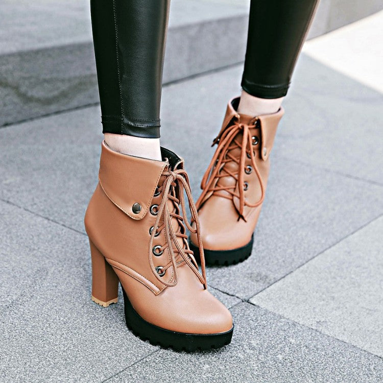 Women England style criss cross lace up chunky high heel platform boots