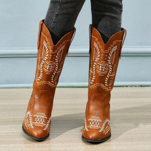 Women fashion embroidered chunky heel pointed toe cowboy boots