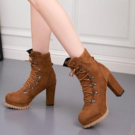 Women studded lace up platform chunky heeled booties