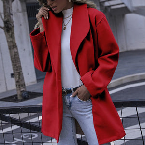 Women fashion shawl colloar solid color long sleeve winter fall coat