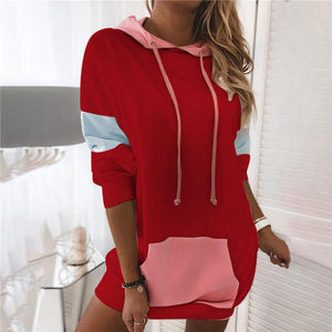 Women color block long sleeve drawstring hoodie sweatshirt with pocket