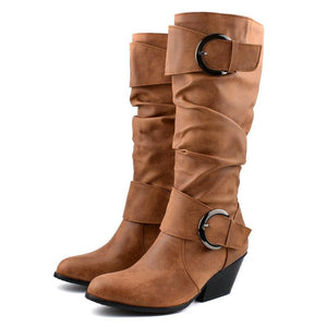 Women chunky high heel buckle strap motorcycle boots