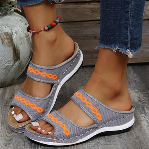 Women embroidered two strap peep toe slide sandals