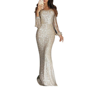 Women v neck maxi glitter fringe long sleeve prom dresses