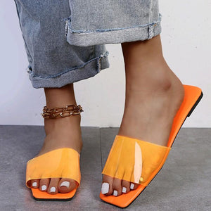 Women neon square peep toe strap summer slide sandals