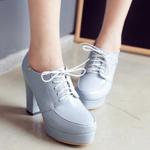 Women chunky high lace up ankle metal flower platform heels