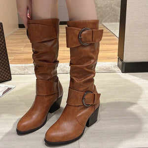 Women knee high boots vintage buckle strap slip on chunky heel boots round toe