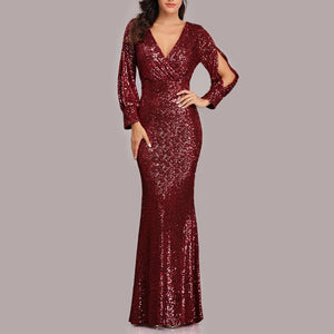 Sexy v neck sequins shinning memaid flare party dress | Fall winter long sleeves sheath maxi dress evening gowns