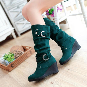 Women buckle strap slip on wedge mid calf boots