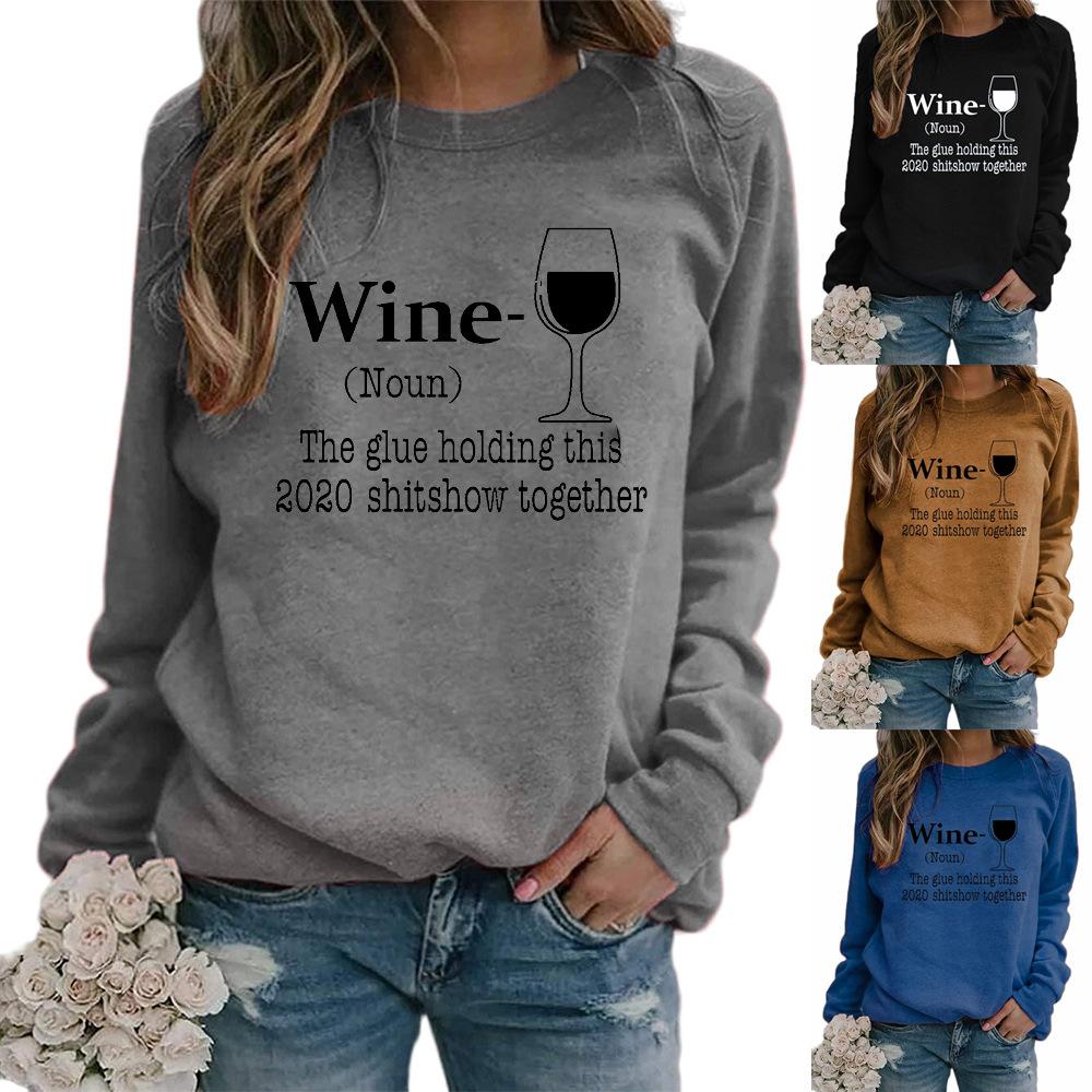 Women's wine glass printed Christmas sweatshirts fall/winter long sleeve pullover tops