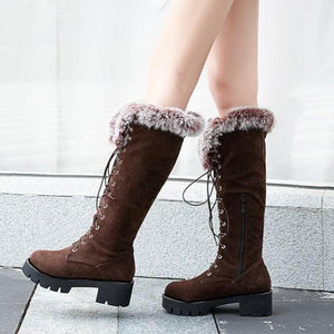 Women winter snow faux fur lace up chunky platform knee high boots