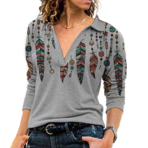 Women retro printed turn-down collar long sleeve v neck t shirts