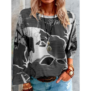 Women casual loose colorful printed long sleeve crew neck t shirt