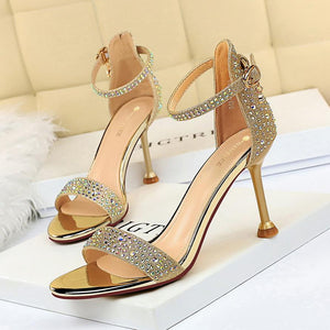 Women open toe rhinestone stiletto  heels | Glitter sparkly high heels ankle strap sandals | Party heels sandals