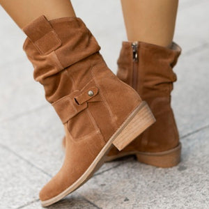 Women solid color side zipper square low heel booties