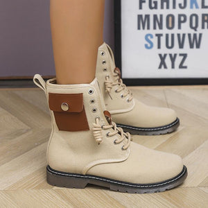 Women low heel short lace up boots with pocket