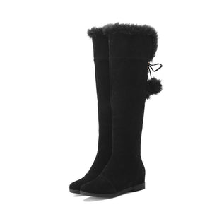 Women winter fuax fur warm flat heel over the knee snow boots