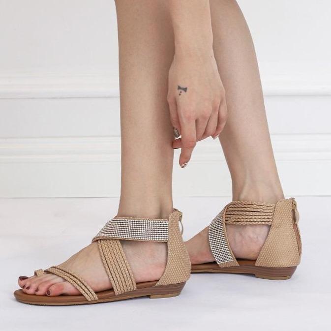 Women criss cross strap back 
zipper flat rhinestone sandals