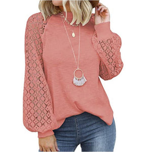 Women lace flower long sleeve crew neck white top