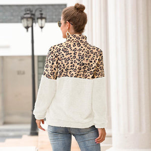 Women Zipper Paneled Fur Leopard Sweatshirt With Pockets