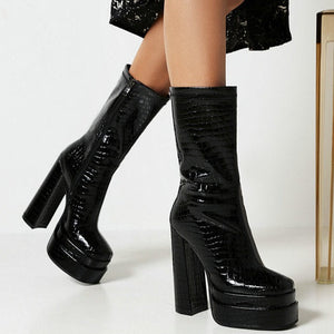 Women fashion chunky heeled platform side zipper short black boots