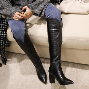 Women fashion v cut snakeskin chunky high heel knee high boots