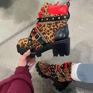 Women fashion studded chain decor chunky heel platform ankle boots