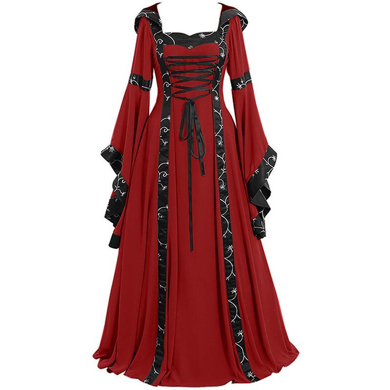 Female's Retro Medieval Renaissance Square Neck Trumpet Sleeves Large Swing Long Flare Dress