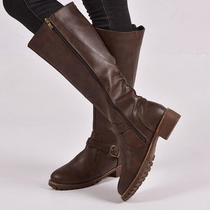 Women buckle strap chunky heel side zipper knee high boots