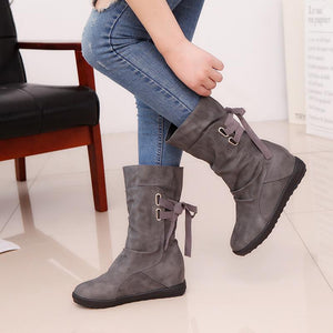 Women mid calf back lace up pleated flat boots