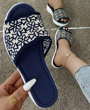 Women summer knit strap slipper peep toe slide sandals