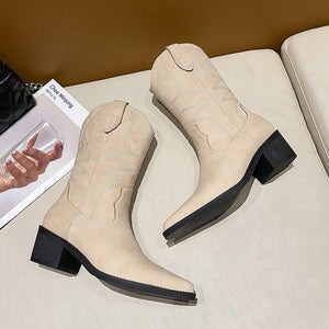 Women chunky heel pointed toe embroidered slip on mid calf boots
