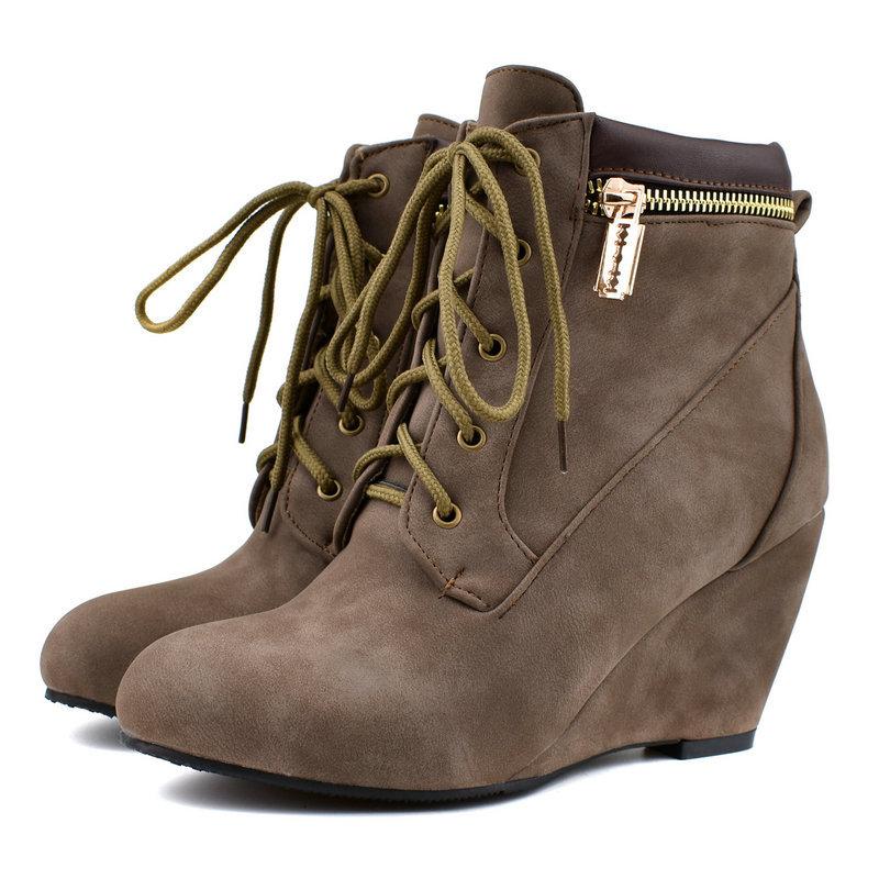 Women ankle zipper lace up high heel wedge boots