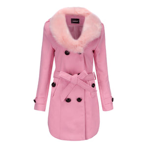 Women faux fur collar long sleeve waist strap double breasted coat