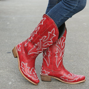 Women embroidered medium chunky heel mid calf boots