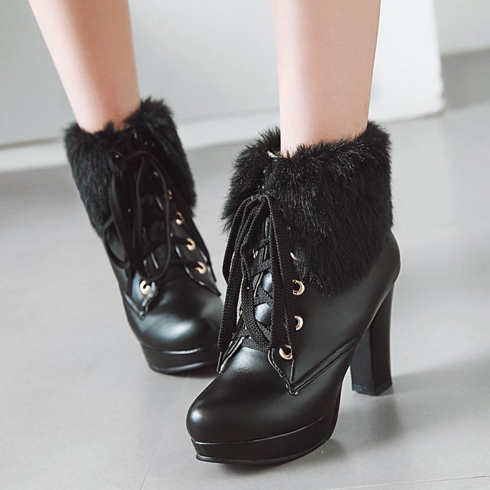 Women cute faux fur chunky heel platform lace up ankle boots