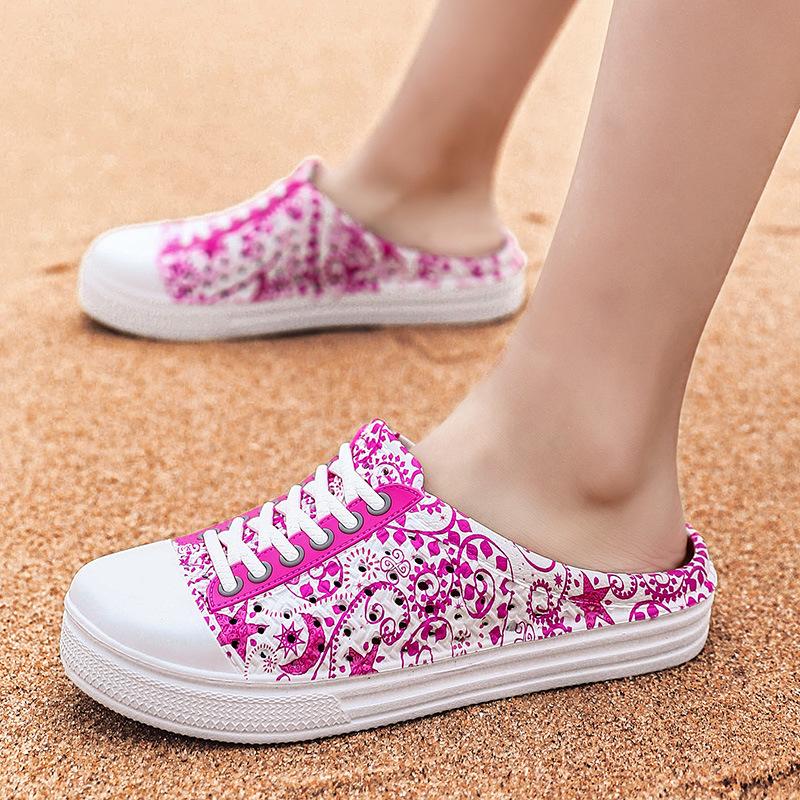 Women summer flower printed lace up slides shoes