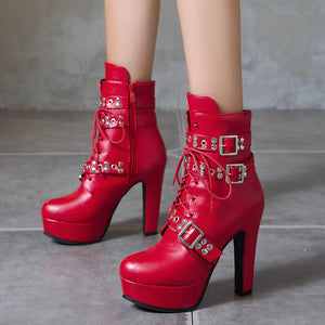 Women studded lace up buckle strap platform block heel combat boots