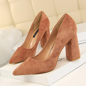 Women minimalist solid color office lady shallow slip on chunky heels