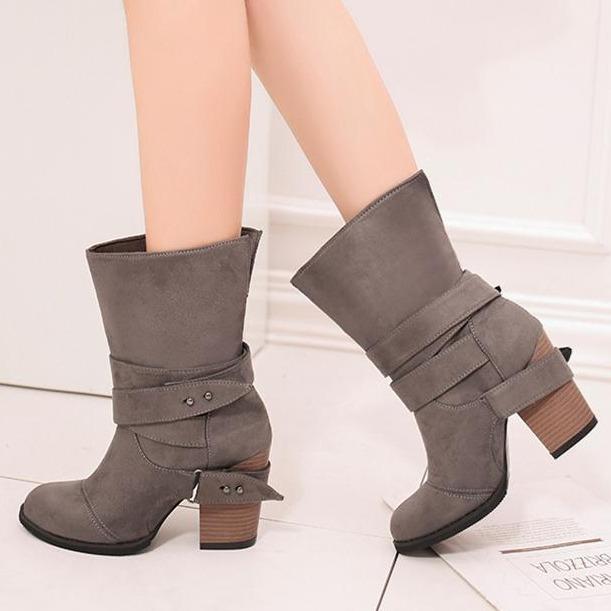 Women chunky high heel buckle strap slip on mid calf boots