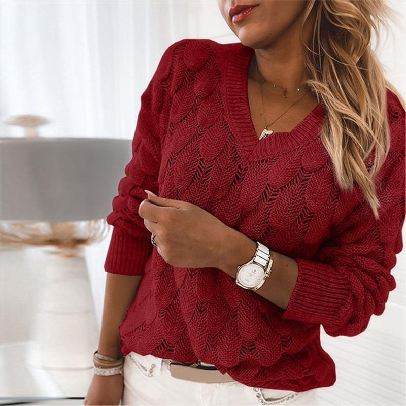 Women knit feather patern pullover v neck sweater