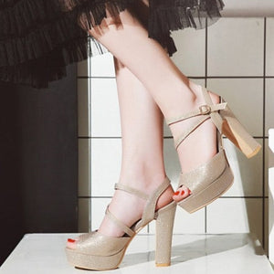 Women sequin peep toe platform buckle strap slingback hollow chunky heels