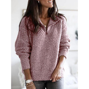 Women knit zip high neck long sleeve pullover sweater