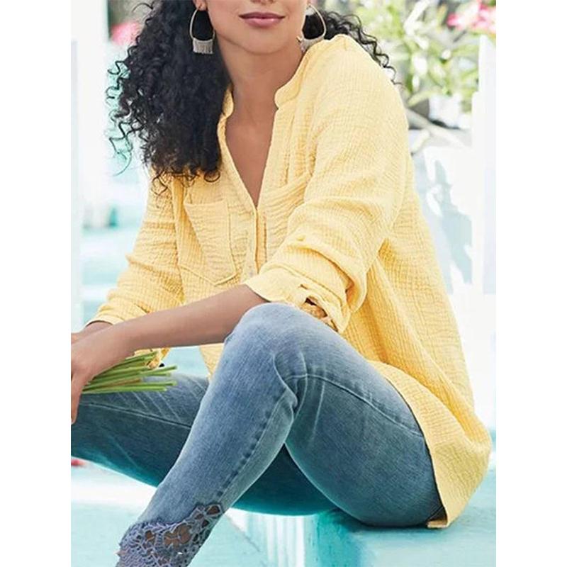 Women solid color long sleeve v neck tops with pockets