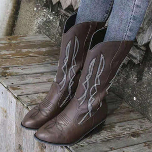 Women fashion embroidered pointed toe chunky heel mid calf boots