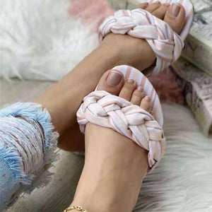 Women casual woven strap peep toe flat slides